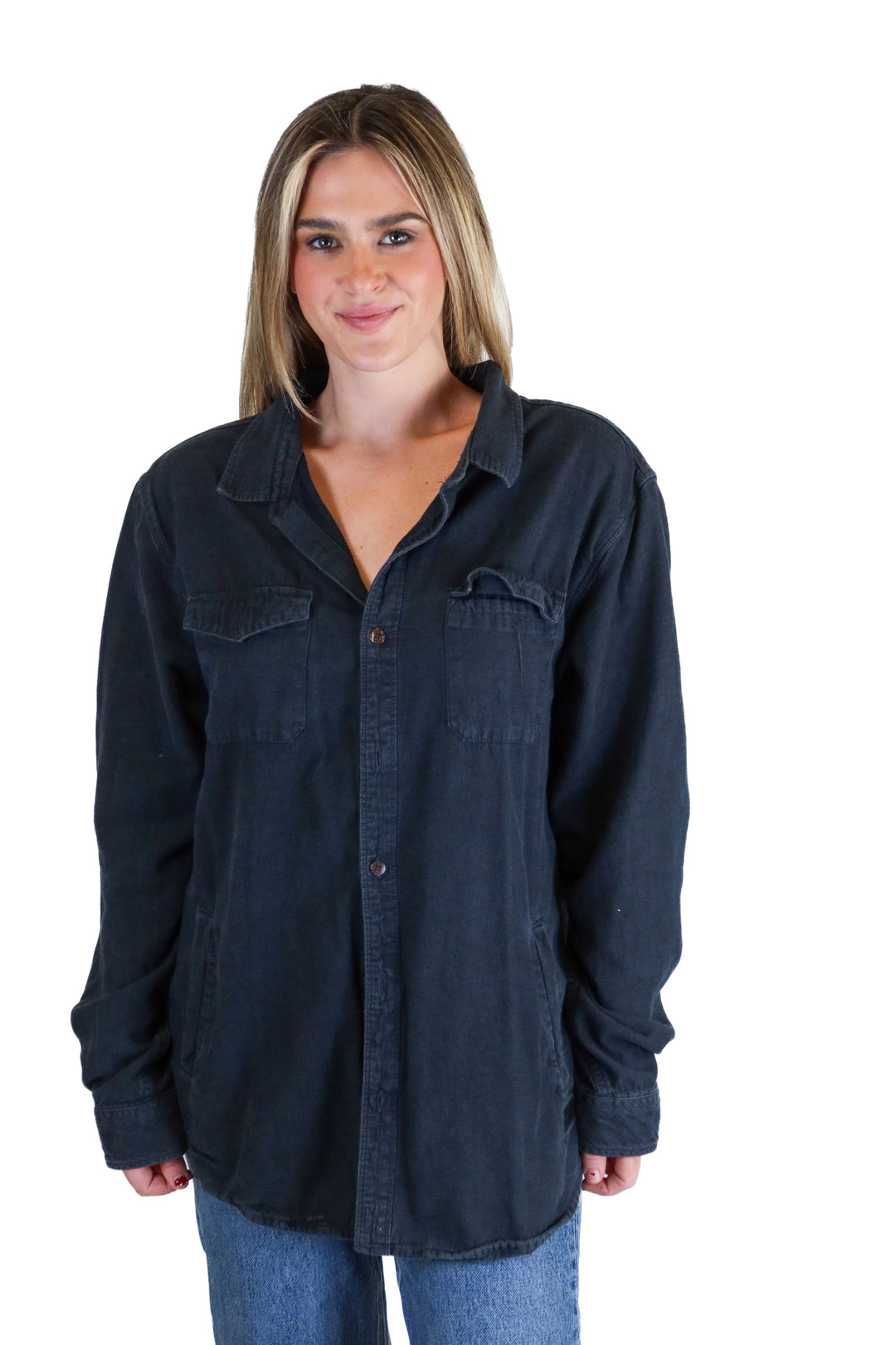 O'Neil dark wash denim button up (L)