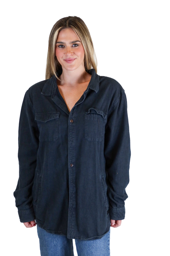 O'Neil dark wash denim button up (L)
