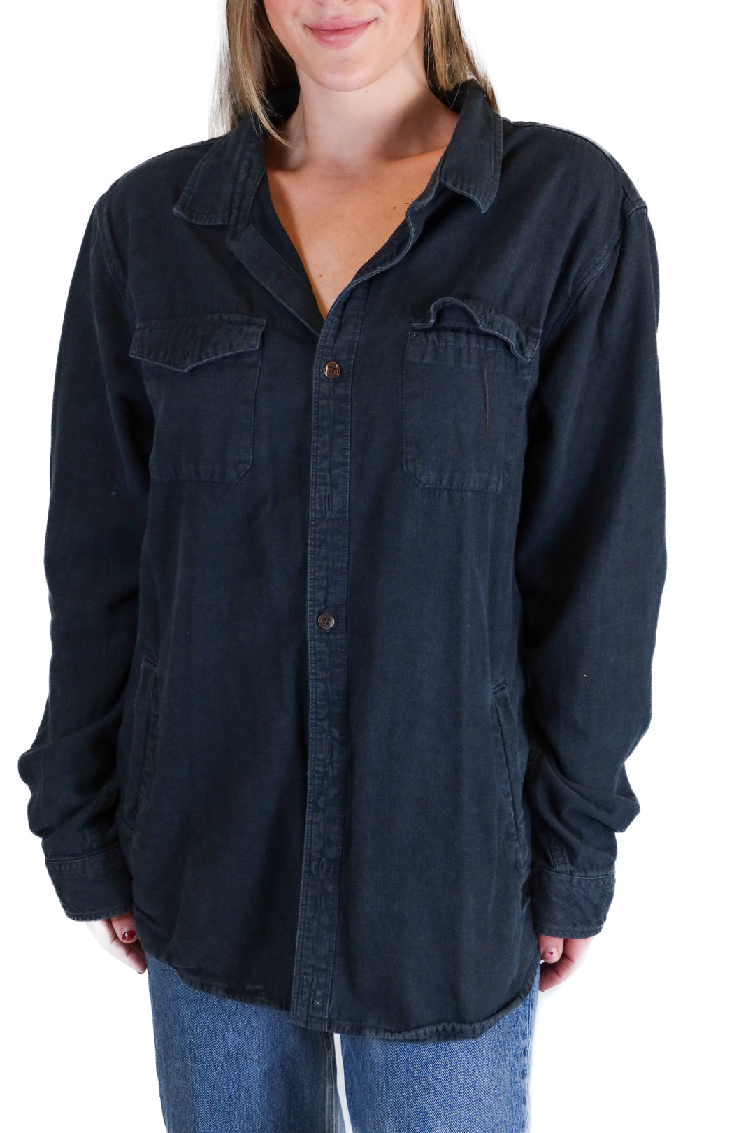 O'Neil dark wash denim button up (L)
