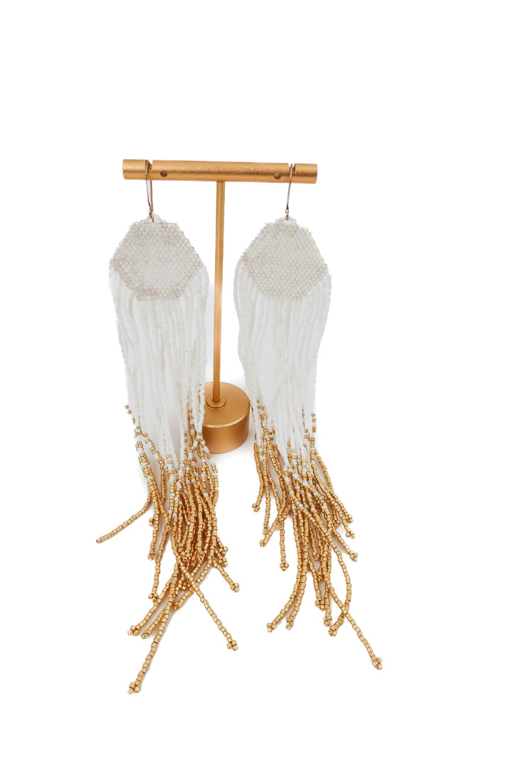 white gold beaded dangling earrings