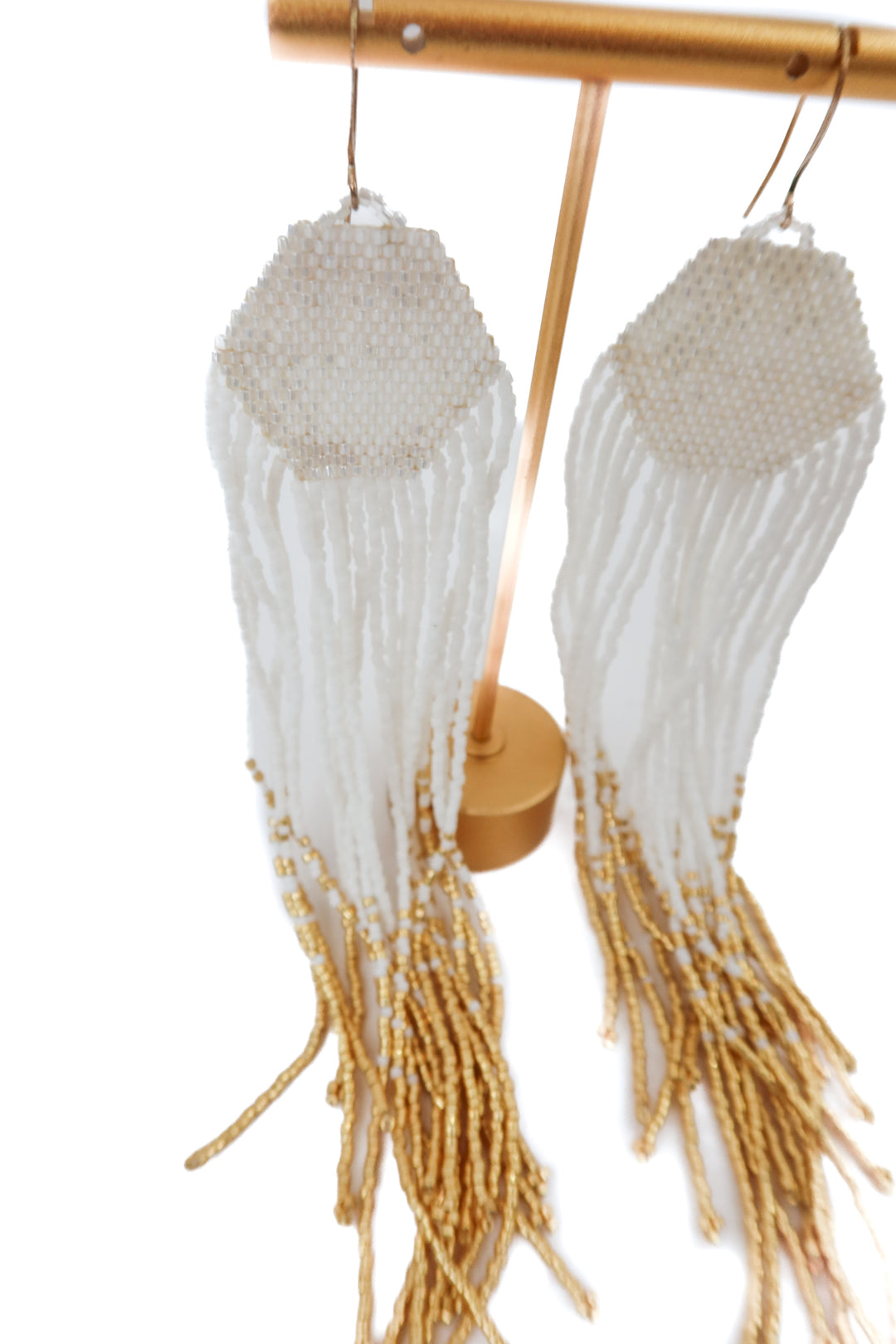 white gold beaded dangling earrings