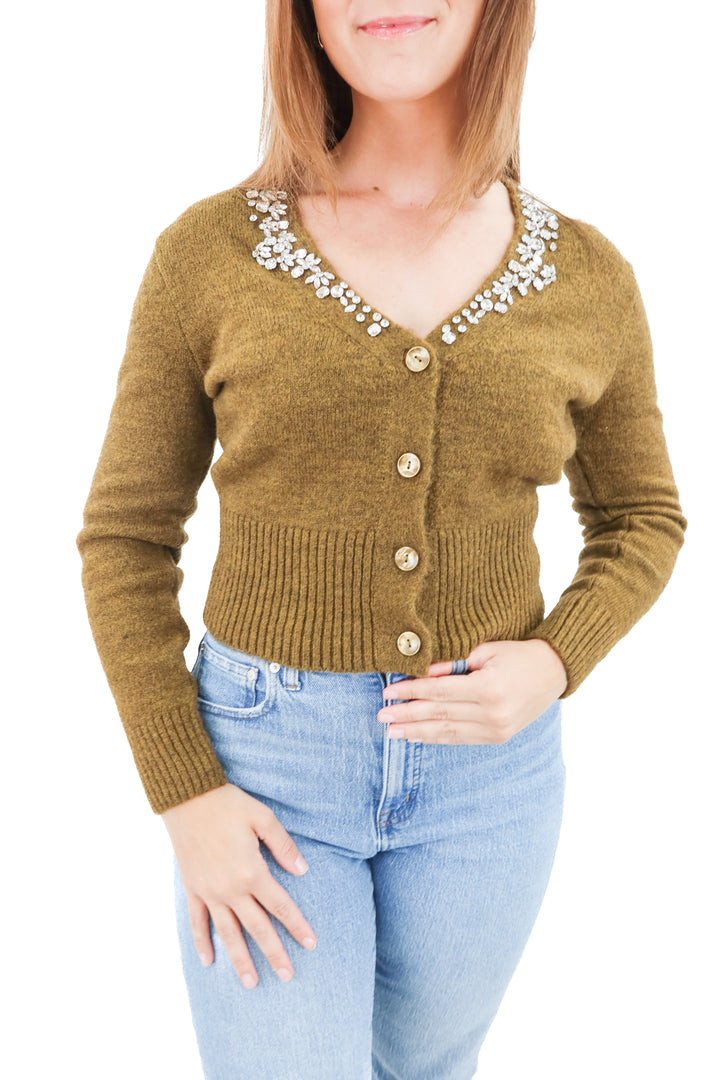 pilcro olive knit w/crystal cardigan (xs)