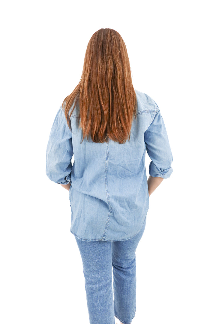 sofia jeans oversized chambray long sleeve top (xs)