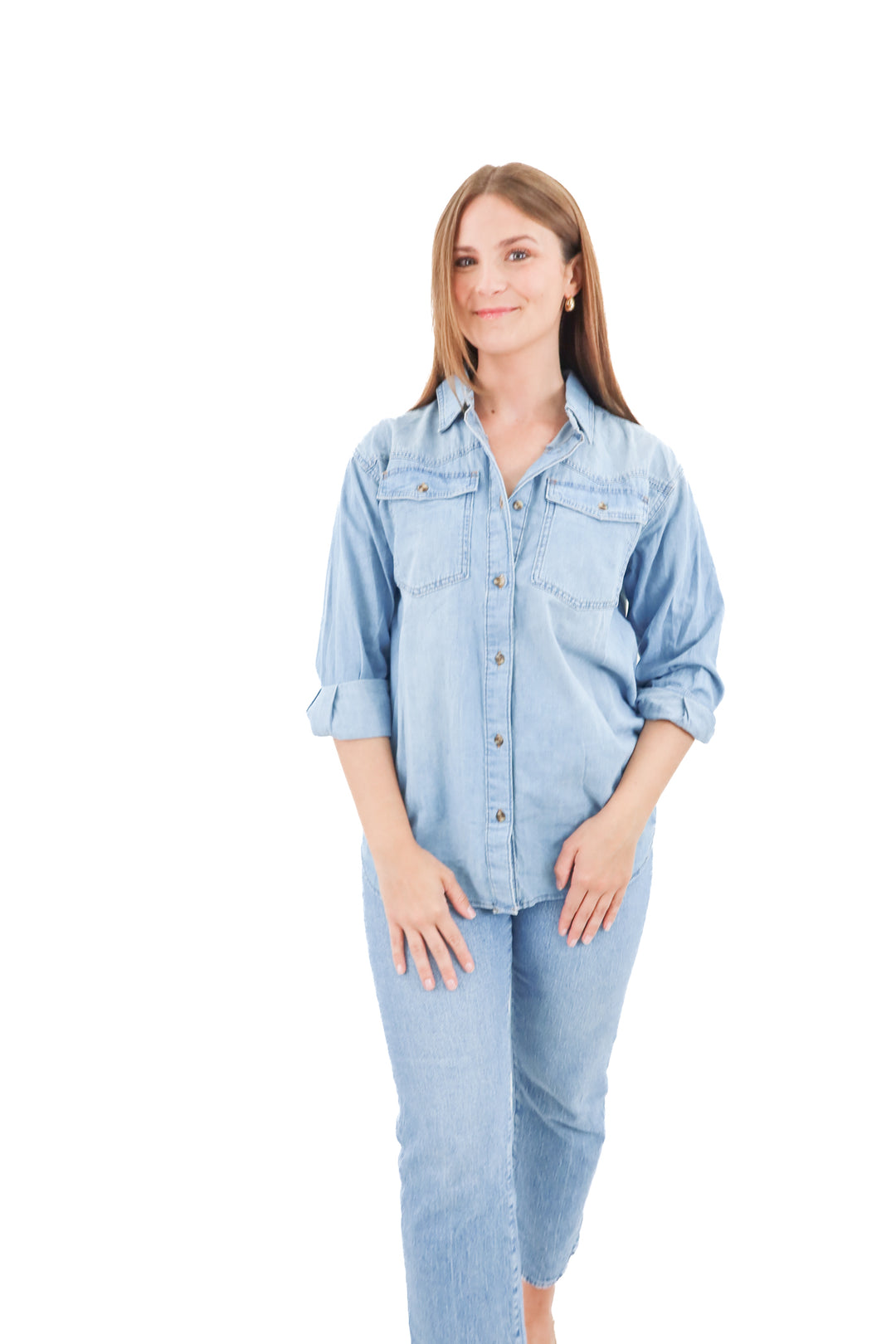 sofia jeans oversized chambray long sleeve top (xs)