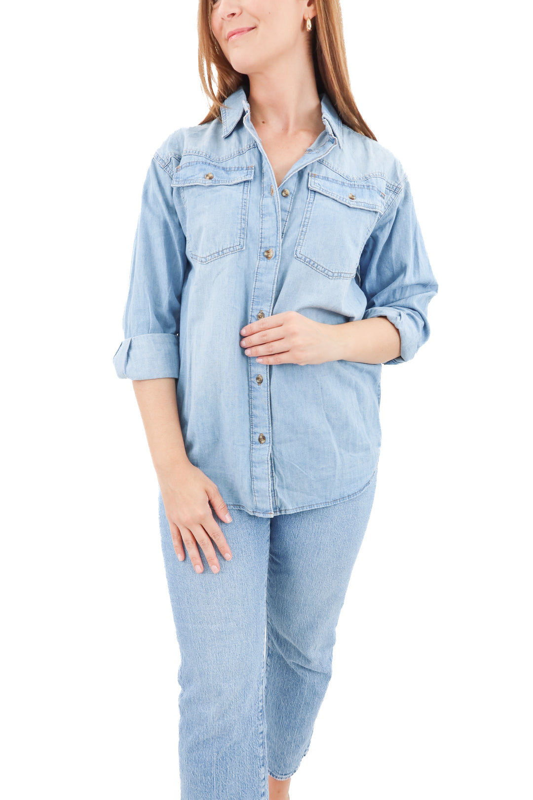 sofia jeans oversized chambray long sleeve top (xs)