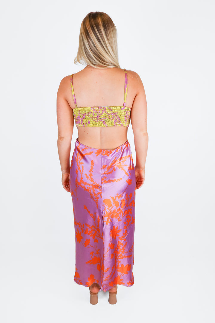 House of Harlow Purple Floral Silky Side Cutout Maxi Dress NWT (L; retail $174)