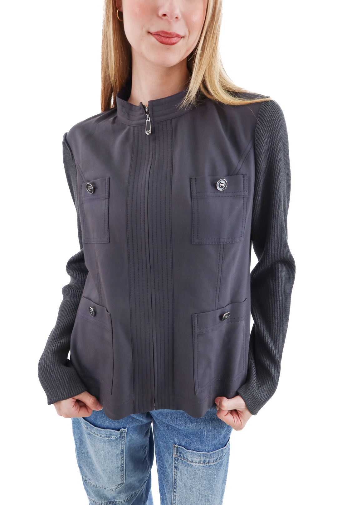 st.john grey knit sleeve jacket (10; retail $1,695)