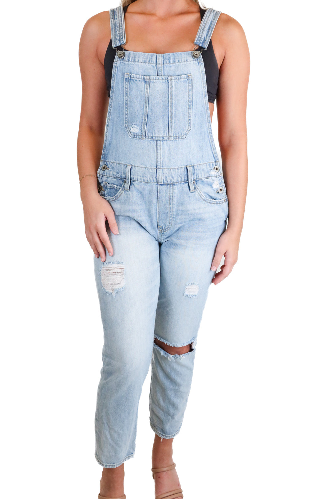 Lucky Brand Light Wash Distressed Denim Overalls (S)