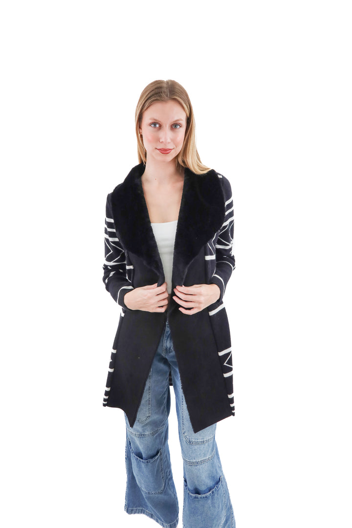 love token black printed/fur cardigan (s)