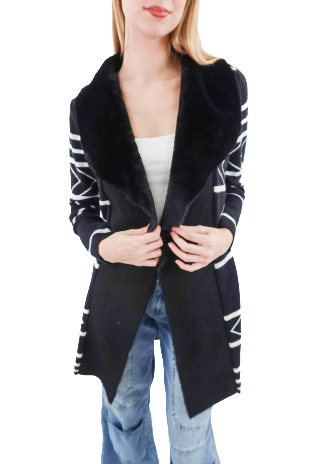 love token black printed/fur cardigan (s)