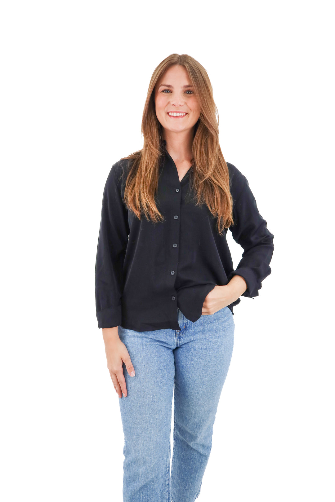 scoop black button up long sleeve top (xs)