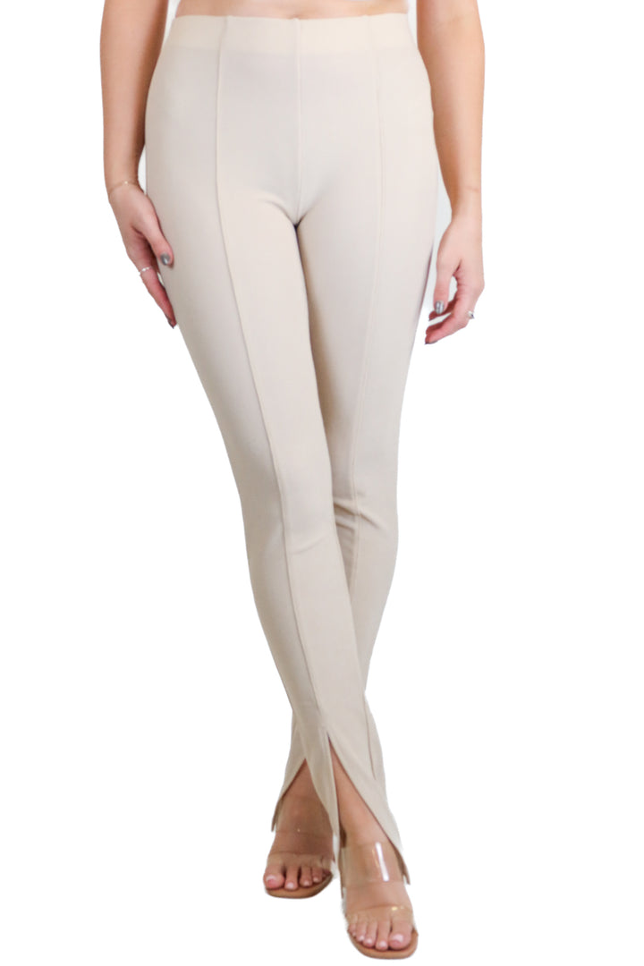 Adika Beige Textured Knit Front Slit Pants (S)