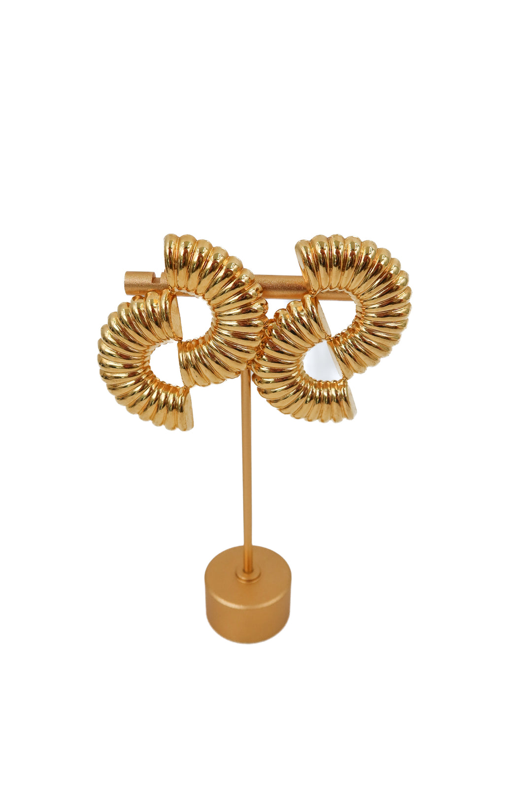 gold fan shaped earrings with spiral design