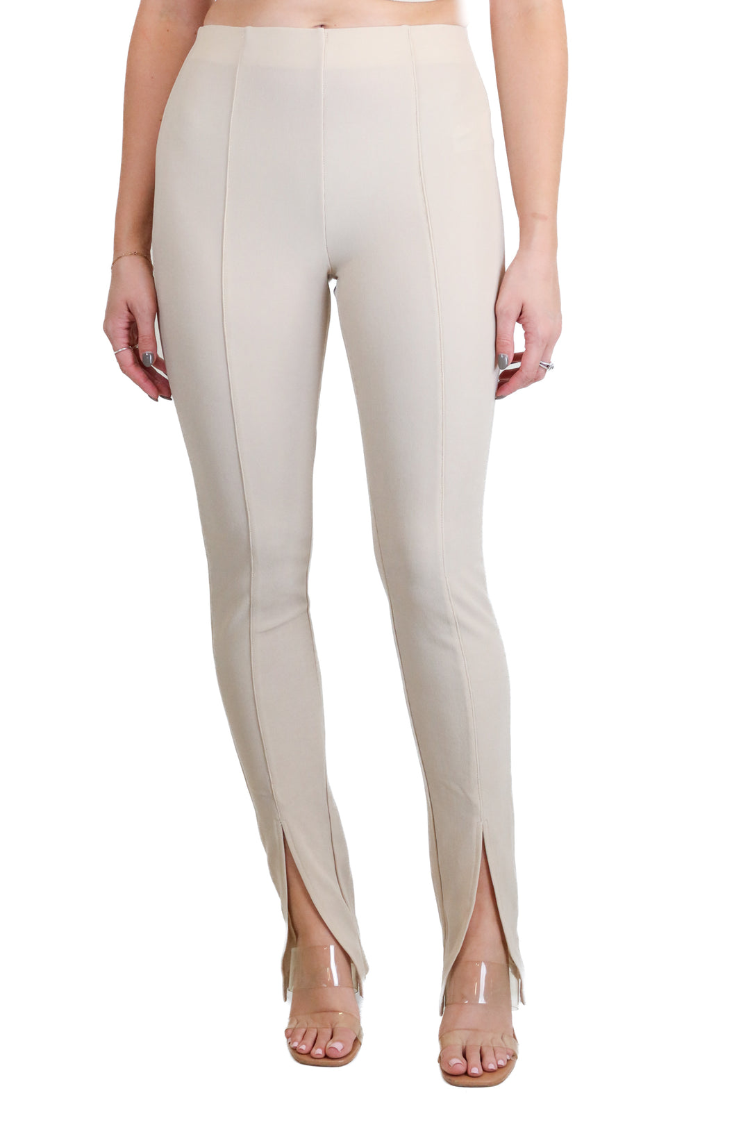 Adika Beige Textured Knit Front Slit Pants (S)