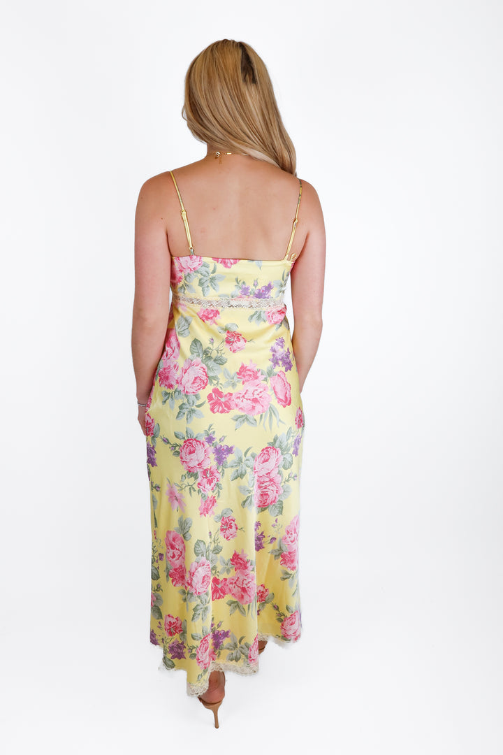 Wayf Yellow Floral Silky Maxi Slip Dress NWT (S; retail $128)