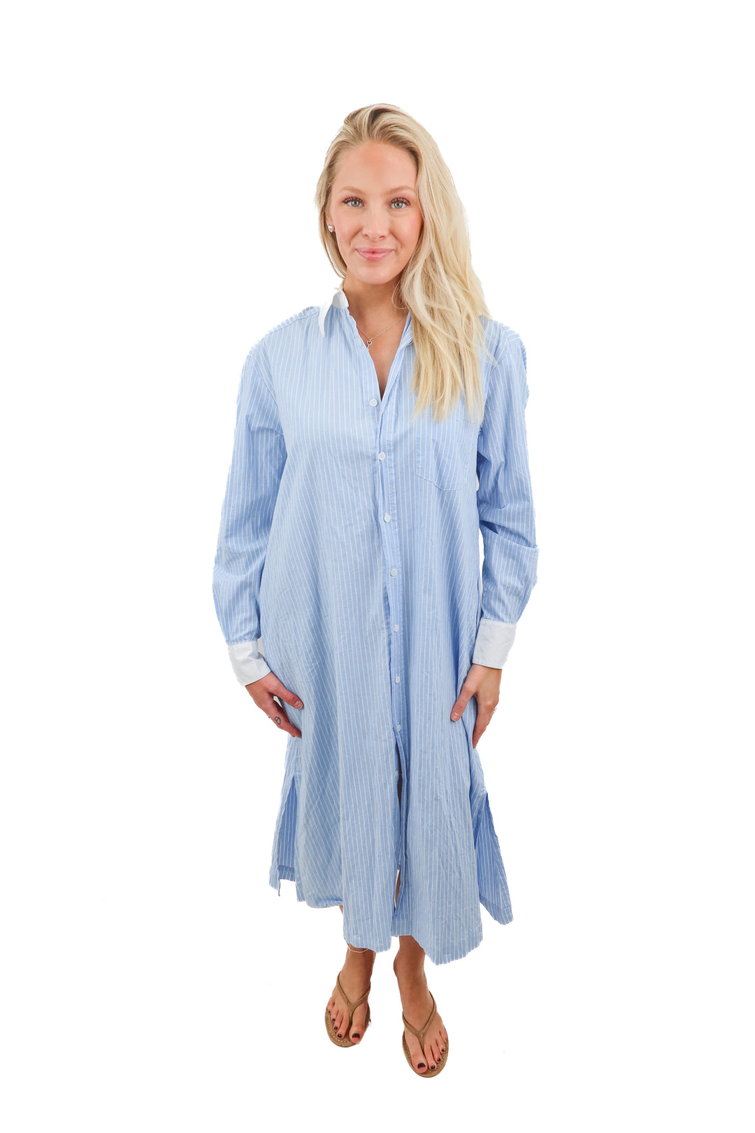 Baacal blue striped button up dress (M; retail $340)