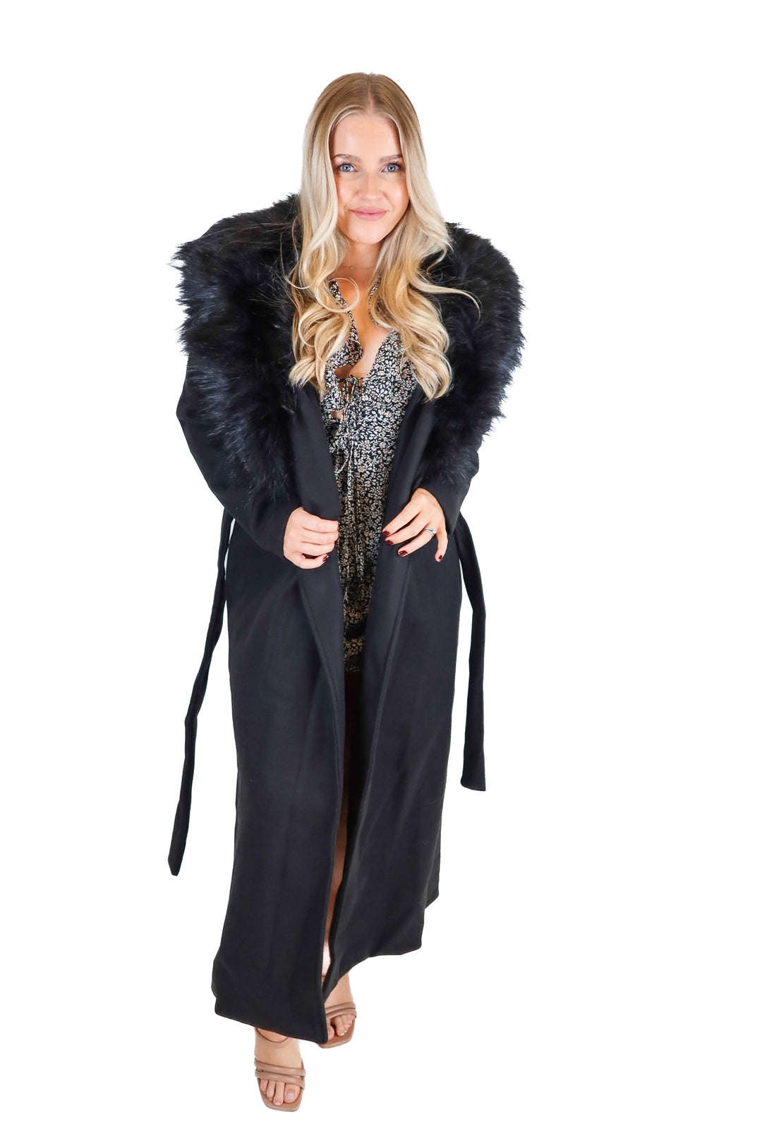 Vici Black Long Faux Fur Trim Belted Coat NWT (S; retail $98)