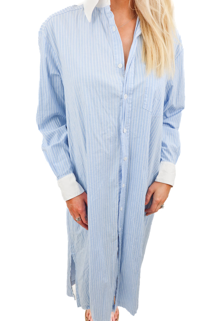Baacal blue striped button up dress (M; retail $340)
