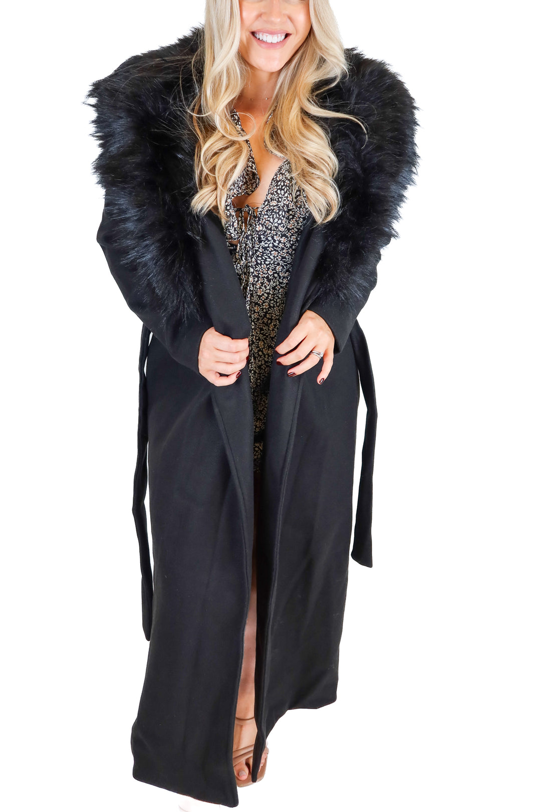 Vici Black Long Faux Fur Trim Belted Coat NWT (S; retail $98)