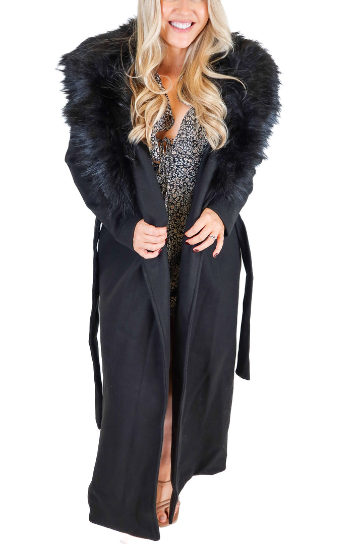 Vici Black Long Faux Fur Trim Belted Coat NWT (S; retail $98)