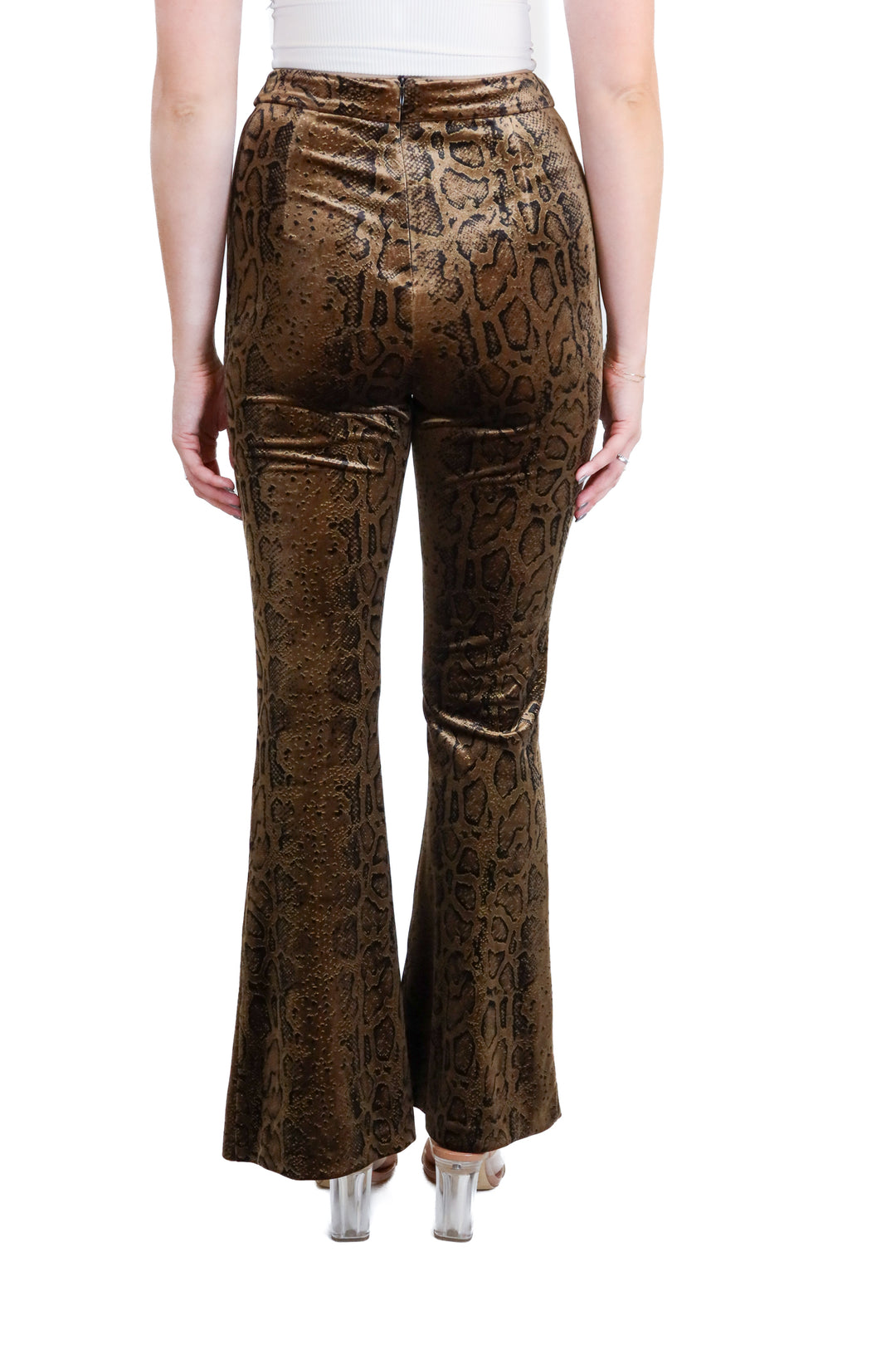Tiger Mist Brown Velvet Snake Print Flare Pants (XS)