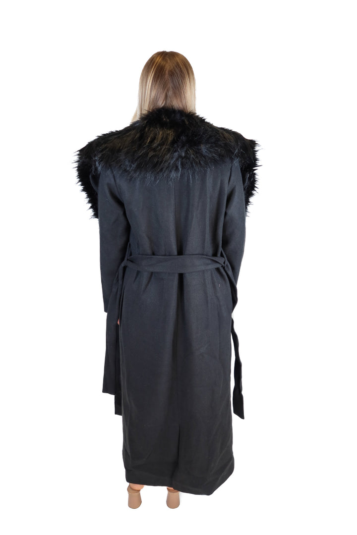 Vici Black Long Faux Fur Trim Belted Coat NWT (S; retail $98)