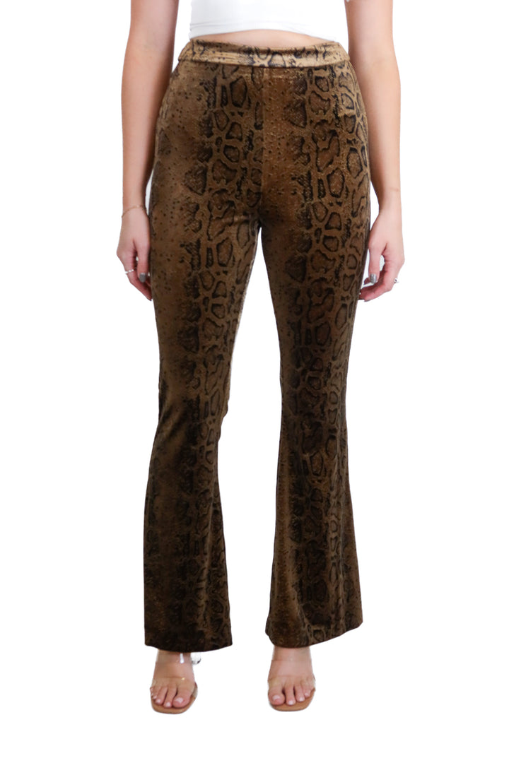 Tiger Mist Brown Velvet Snake Print Flare Pants (XS)