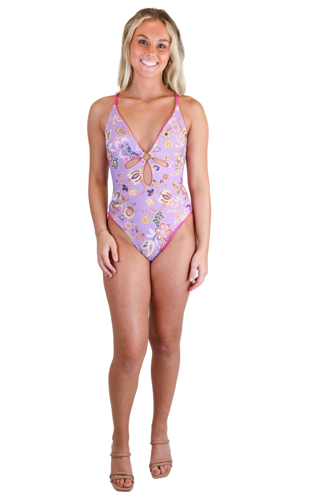 Cupshe purple/pink floral one piece bathing suit NWT (XS)