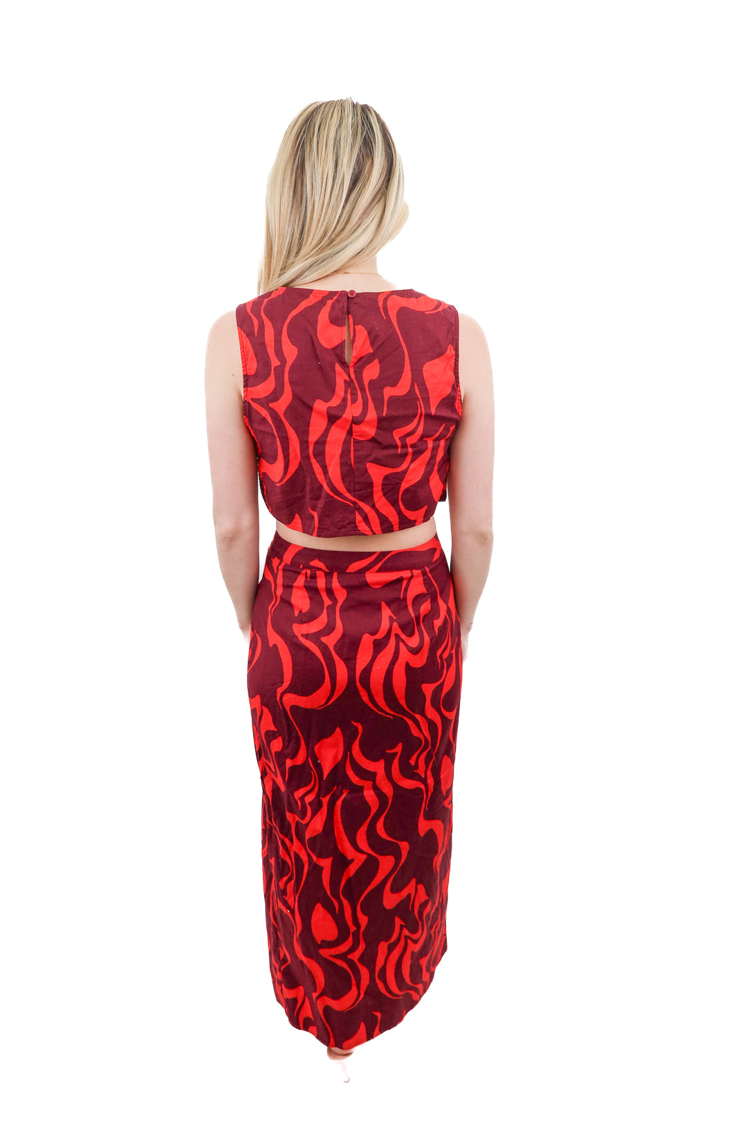 Reformation red pattern skirt set (4; $336 retail)