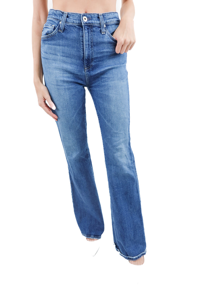 ag medium wash high rise flare jeans (27; retail $245)