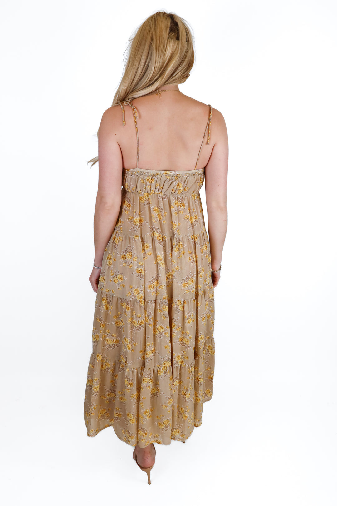 Vici Beige Yellow Floral Tiered Midi Dress (S)