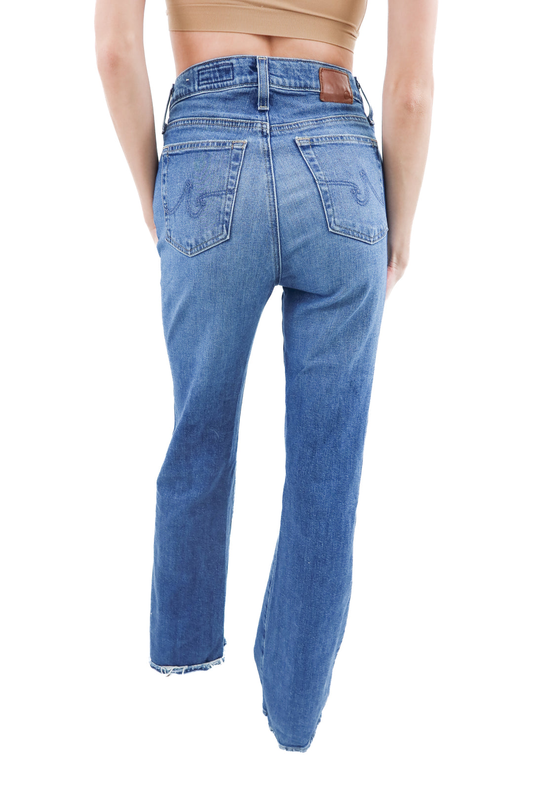 ag medium wash high rise flare jeans (27; retail $245)