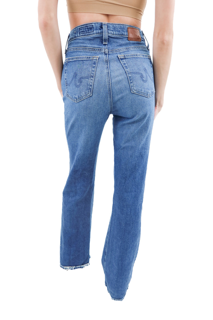 ag medium wash high rise flare jeans (27; retail $245)