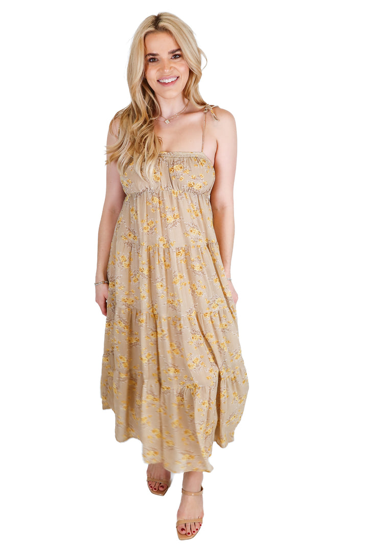 Vici Beige Yellow Floral Tiered Midi Dress (S)
