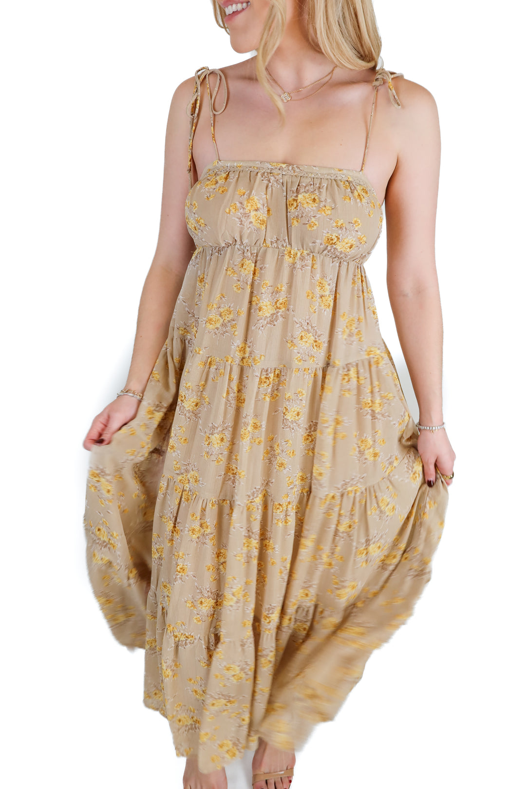Vici Beige Yellow Floral Tiered Midi Dress (S)
