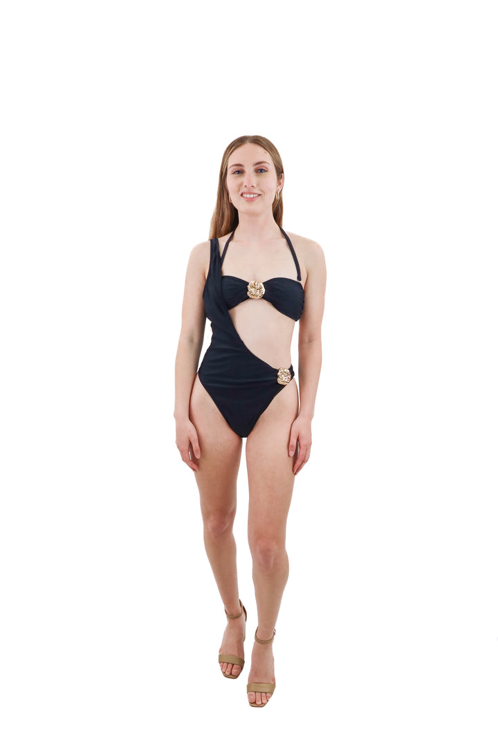 cupshe black two piece swim set w/ gold accent detail nwt (s)