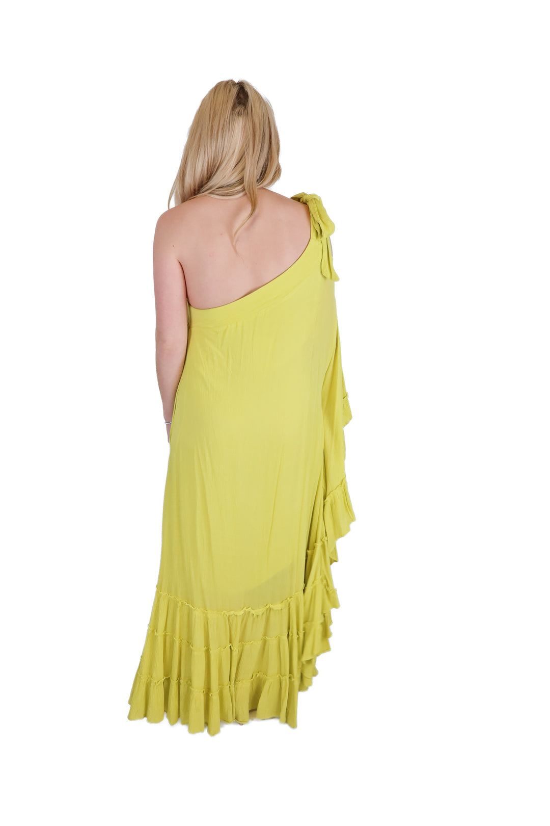 Free People Lime One Shoulder Tiered Ruffle Maxi Dress (XS; retail $78)