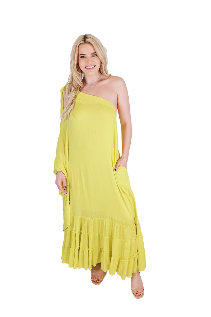 Free People Lime One Shoulder Tiered Ruffle Maxi Dress (XS; retail $78)