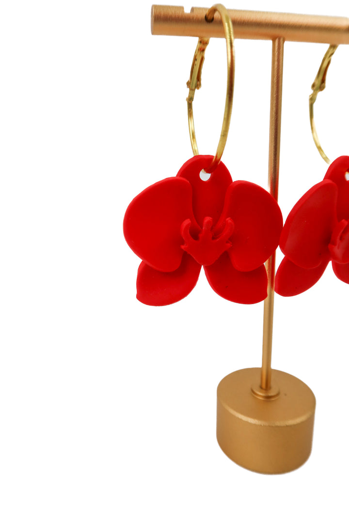 red floral hoop earrings