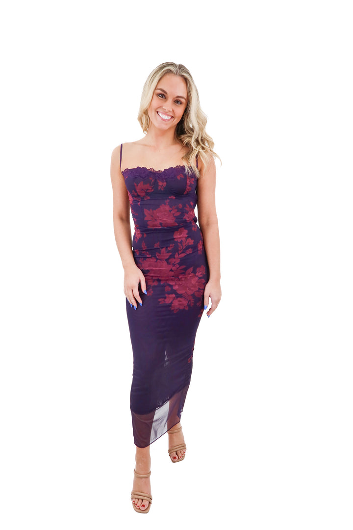 house of cb purple sheer lace up corset midi dress (xxs; retail $239)