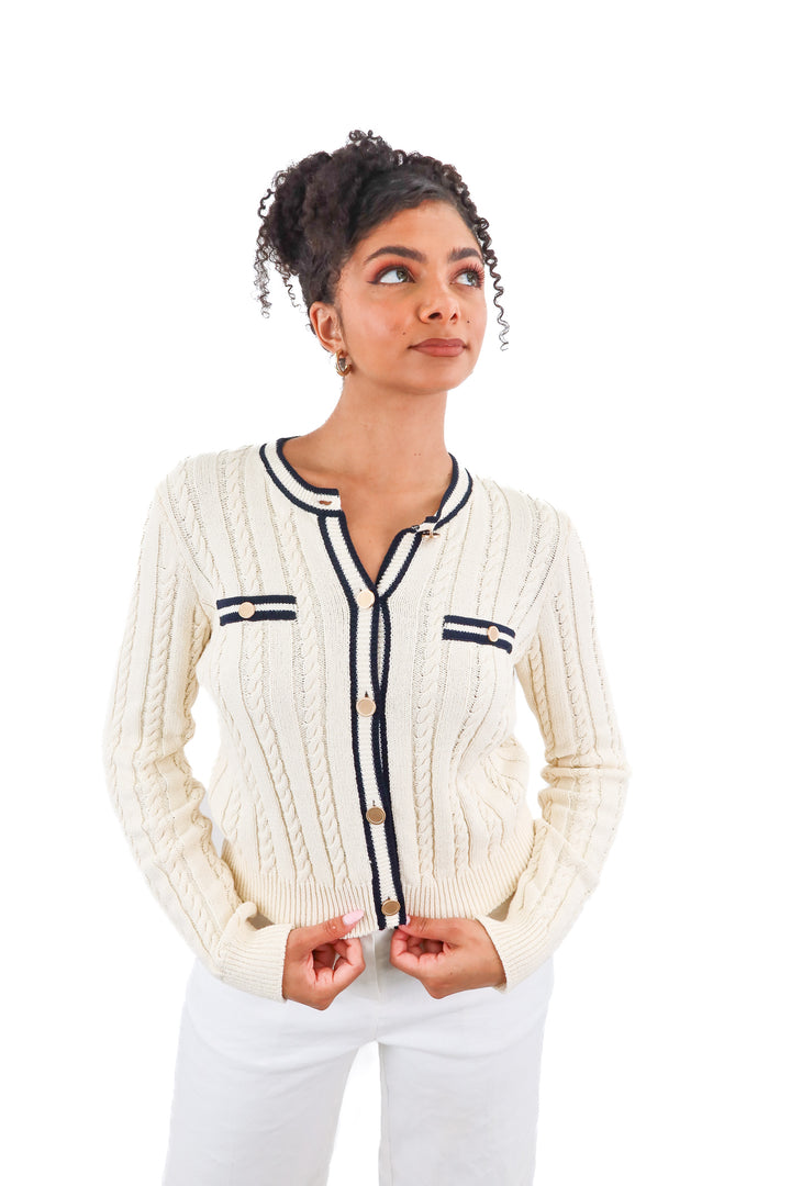 Frame cream cable knit cardigan with gold buttons (S)