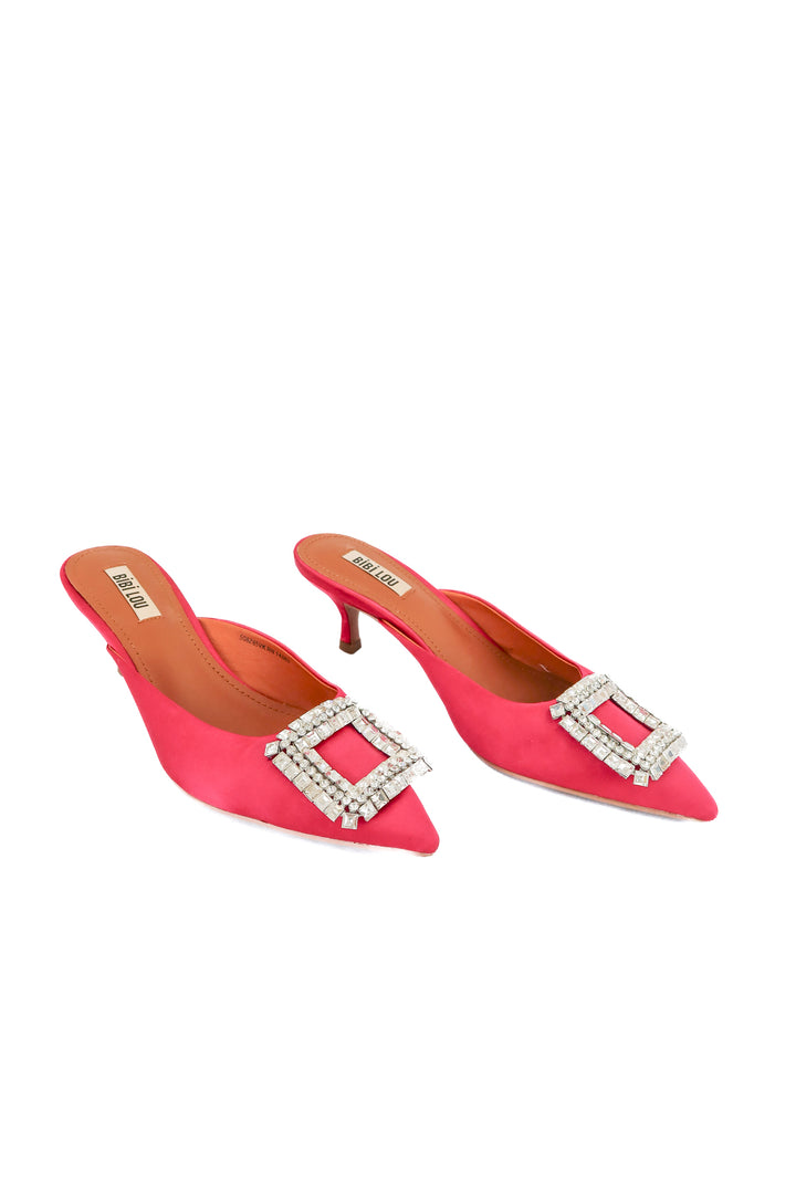 bibi lou pink satin with rhinestone kitten heel (38; retail $109)