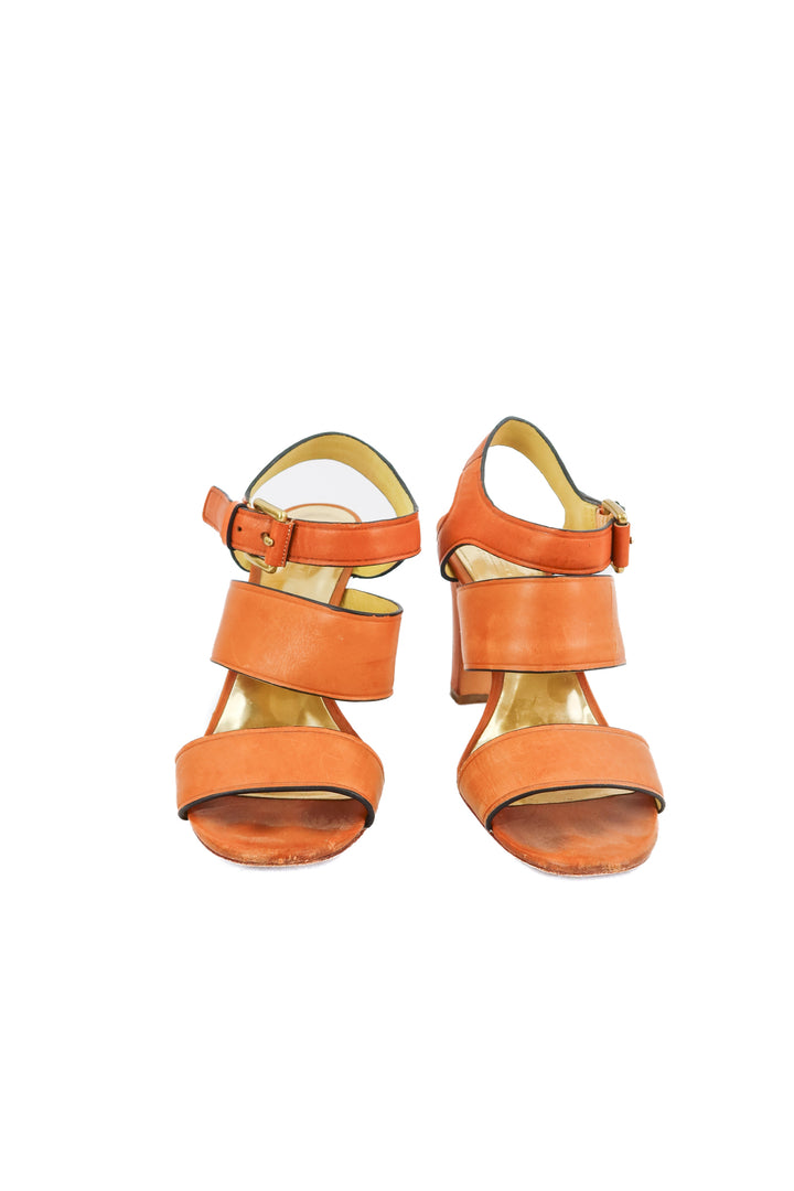 coach tan chunky heel sandals (7.5; retail $195)