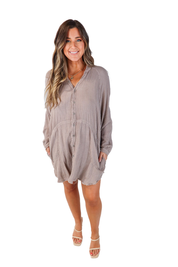SOLD we the free mauve gauze button up dress (L; retail $128)