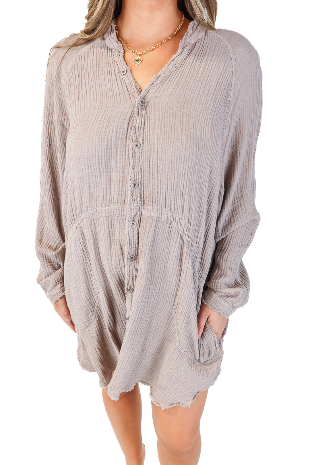 SOLD we the free mauve gauze button up dress (L; retail $128)
