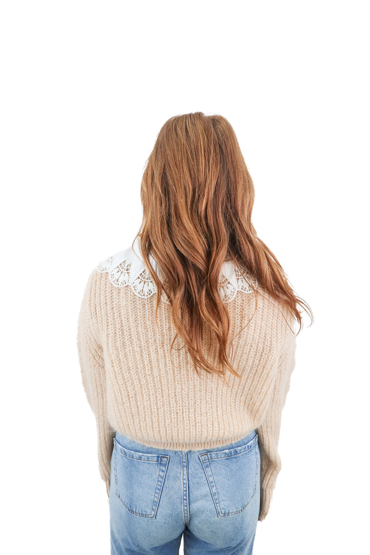 Sandro tan knit sweater with eyelet collar (S; retail $320)