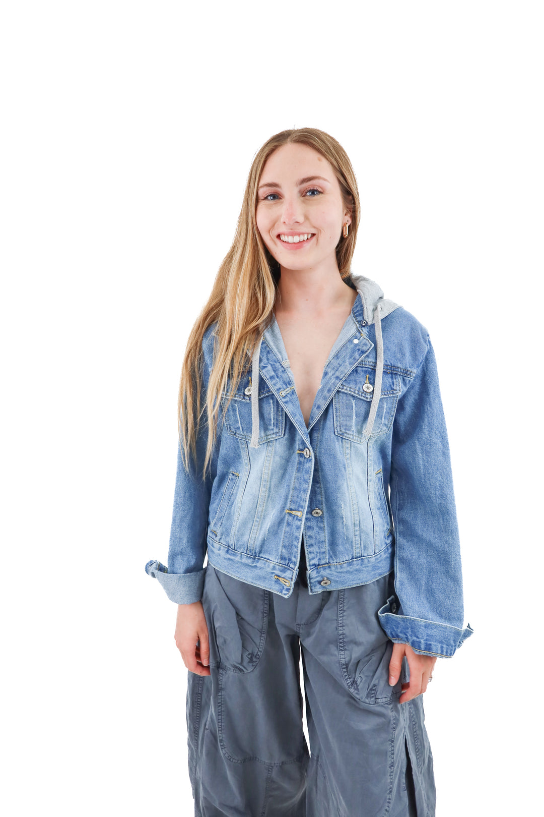 denim jacket w/ grey hoodie (s)