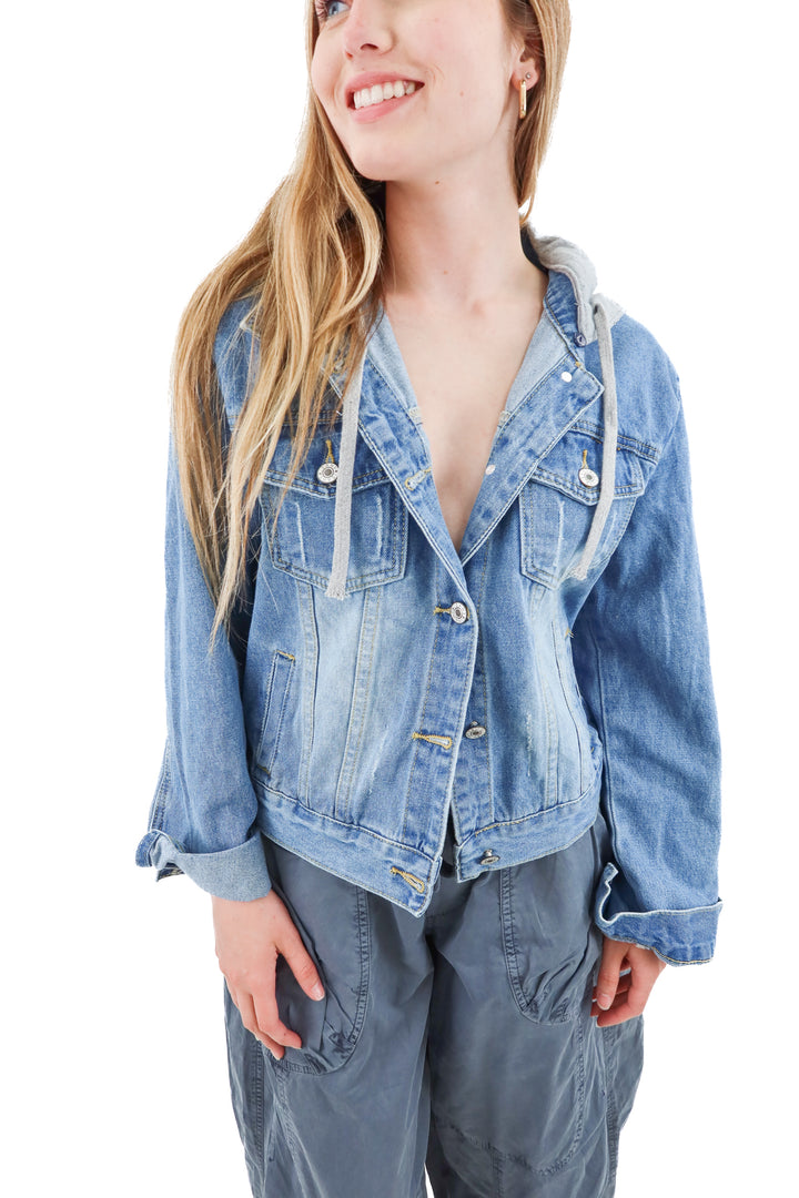 denim jacket w/ grey hoodie (s)