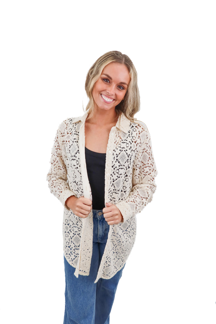 Sezane cream crochet shacket (36/ US4)