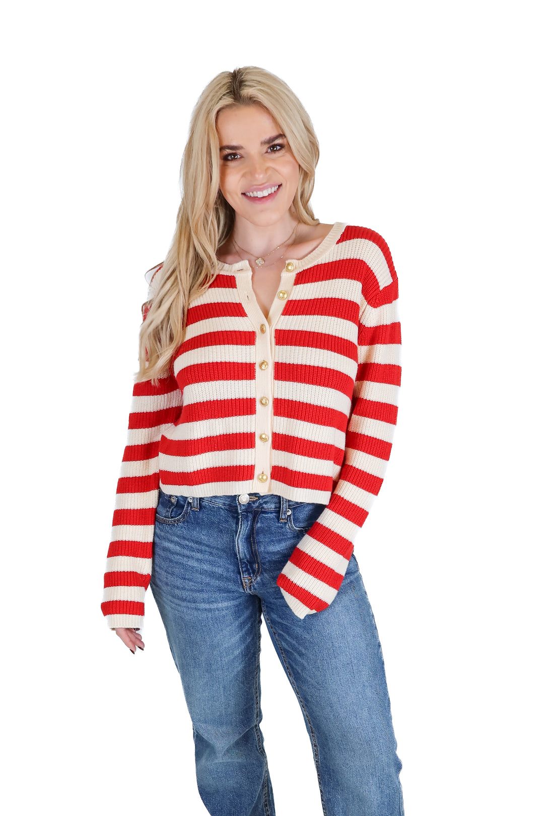 L'Academie Cream and Red Striped Cardigan (S)